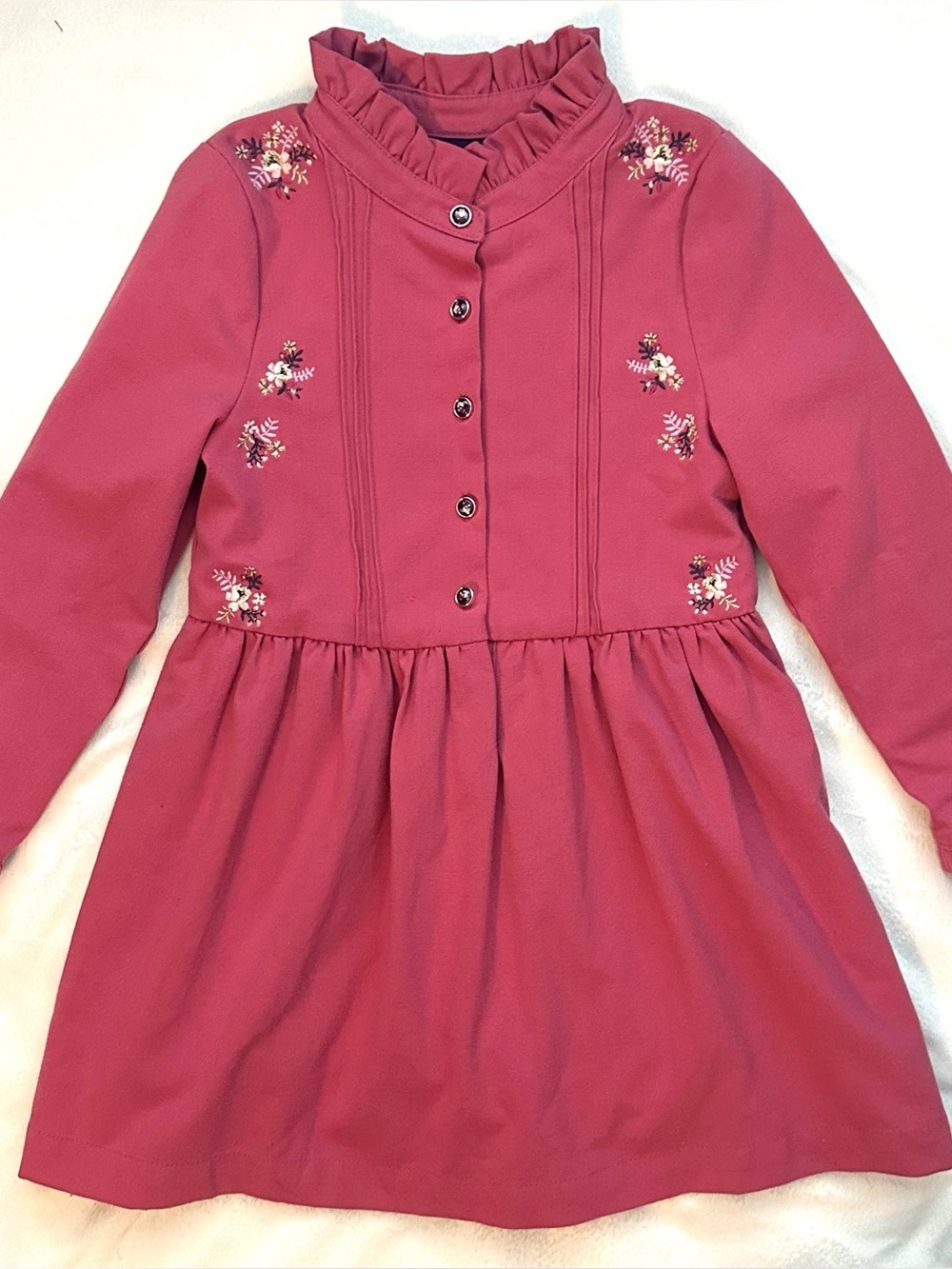 Sergent Major Girls Long Slv Raspberry Dress 6 Floral Embroidery Ruffle Mock